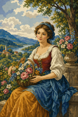 Girl with a flower basket by the lake