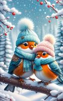 Kleine Vögel im Schal und mit Mütze
