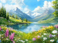 Montagne, lago, fiori