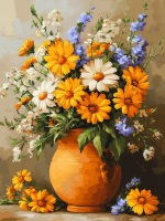 Blumenstrauß in einem Tonkrug