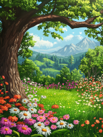 Farvede blomster ved træets fod