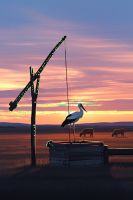 Gamla brunn med stork - kvällsbild