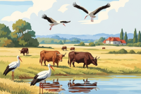 Oxen and storks at the lake