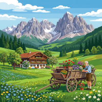 Alpelandskab med blomsterprydet vogn – BG26-0587