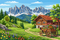 Alpine landscape with flower-filled cart – BG26-0588