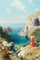 Paesaggio mediterraneo con donna in ricamo a tappeto gobelin