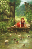 Kleines Mädchen mit Enten am Seeufer