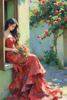 Donna con fiori sulla finestra