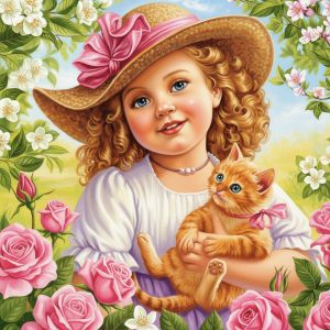 Girl, kitten, and roses.