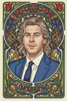 Portrait in the style of Alphonse Mucha, featuring a needlepoint tapestry. – BG26-0217