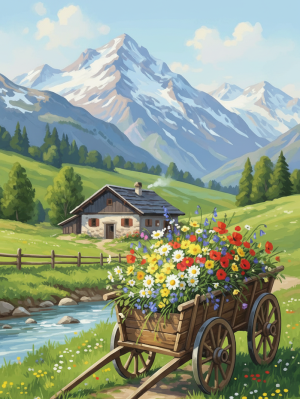 Alpine landscape with flower-filled cart