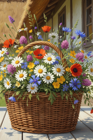 Blomsterkurv foran et landhus