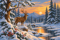 Paesaggio invernale di foresta con cervo