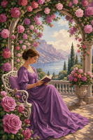 Lady reading in a rose arbor
