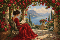 Lady reading in a rose arbor