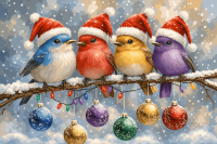 Pájaros navideños en la rama nevada