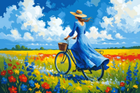 Lady with a bicycle in a flowery meadow