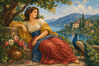 Dama con pavo en la orilla del lago