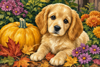 Puppy among autumn flowers