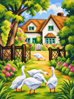 Patos no pátio florido