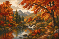 Paisagem de outono com casa na floresta