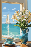 Seaside still life with flowers