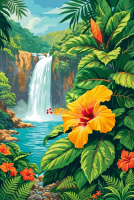 Tropical waterfall with hibiscus needlepoint